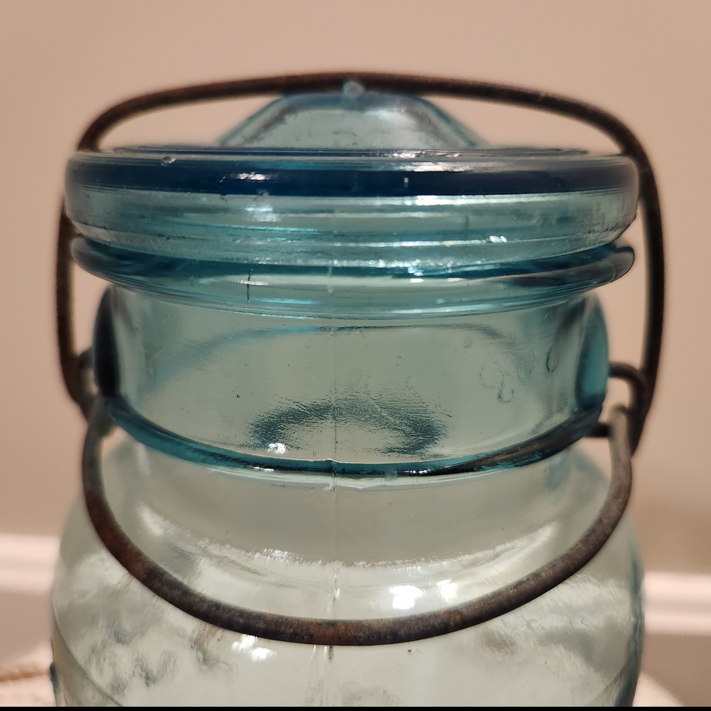 Vintage Ball Ideal Aqua Blue Glass Mason Jar Mold #4 With Lid And Bail - Picture 5 of 10